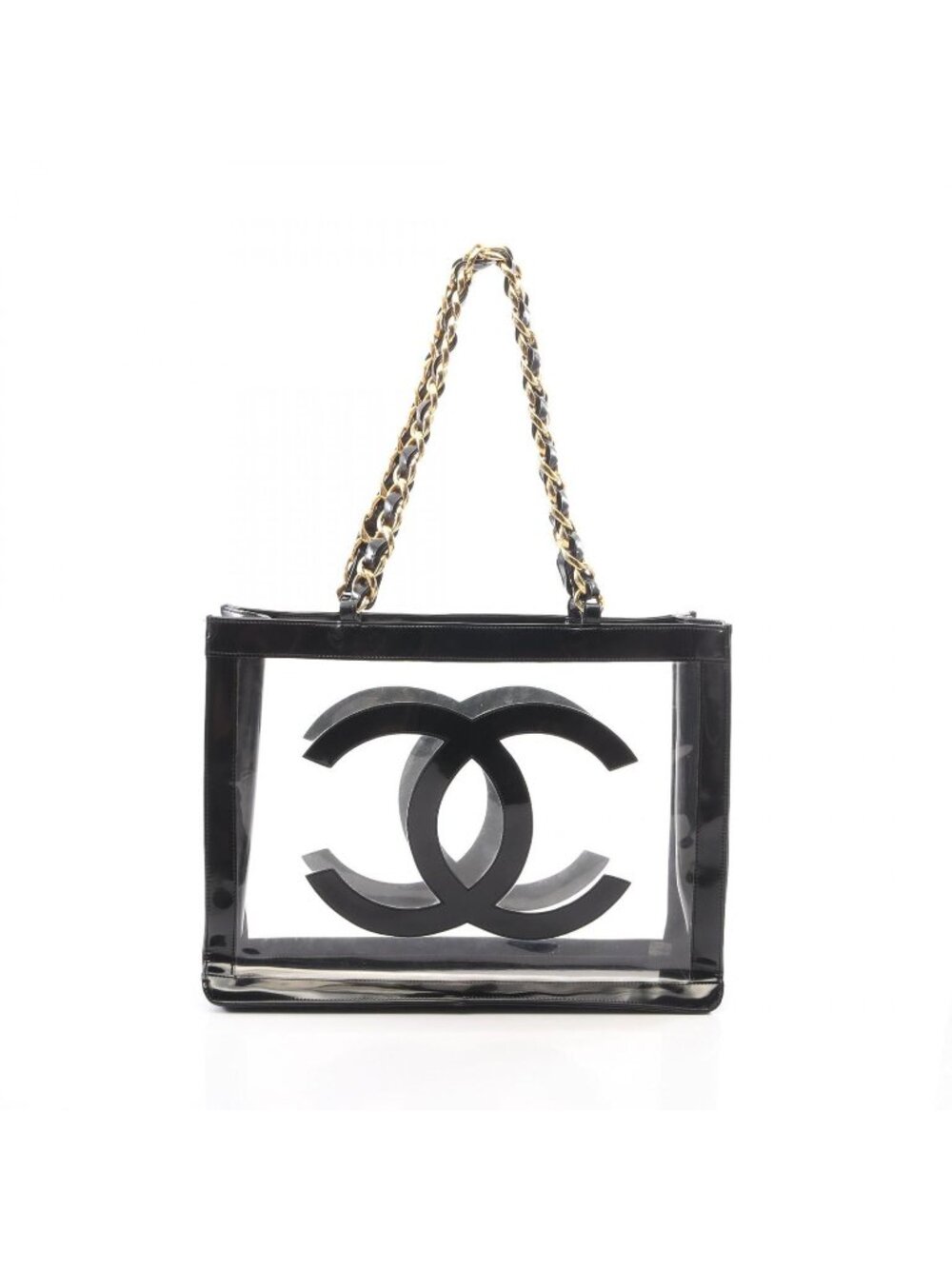 Chanel Tote Bag CC Logo Black Vinyl Patent Leather CC Clear Chain
